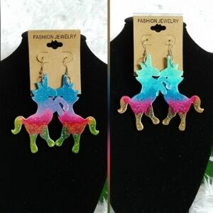 2 Pair Wood Large Rainbow Colorful Unicorn Earrings